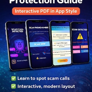 May include: A promotional image for a "Scam & Job Scam Protection Guide." The guide is presented as an interactive PDF in an app style, with screenshots of phone screens displaying scam detection features and advice. The image includes text like "Scan Phone Number" and "Scam Detected."