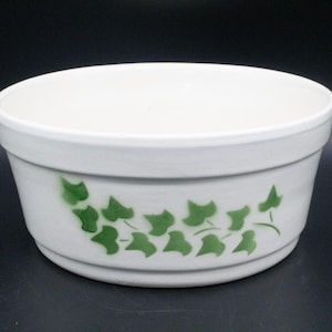 May include: White ceramic bowl with a green ivy leaf pattern around the exterior. The bowl has a simple, rounded shape and a smooth, glossy finish. A decorative piece for serving or display.