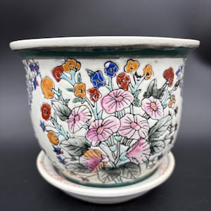 Vintage 5.5” Ceramic Chinese Chinoiserie Pottery Floral Planter & Saucer