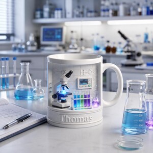 Könnte beinhalten: Weißer Keramikbecher mit Labor-Design. Die Tasse zeigt eine Miniatur-Laborszene mit einem Mikroskop, Reagenzgläsern und dem Namen "Thomas" auf der Basis. Der Hintergrund zeigt eine Laboreinstellung mit Bechern und wissenschaftlichen Geräten.