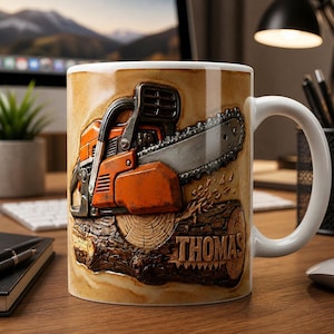 Puede incluir: Taza de cerámica blanca con un relieve detallado de una motosierra naranja y plateada cortando un tronco. El nombre "THOMAS" está tallado en el tronco. La taza tiene un fondo marrón y un asa blanca.