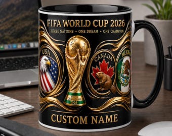 Personalized FIFA World Cup 2026 Mug, Custom Name Soccer Fan Cup, USA Canada Mexico Football Gift