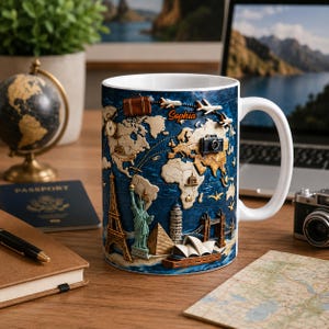 以下が含まれることがあります： 白いセラミックマグカップ。詳細な世界地図のデザインと旅行をテーマにした要素が特徴です。地図にはエッフェル塔や自由の女神などのランドマークが含まれており、マグカップには「Sophia」という名前が印刷されています。カメラと飛行機も描かれています。