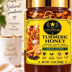 May include: A jar of Goldstar Naturalbeauty Turmeric Honey with a gold lid. The yellow label lists ingredients including turmeric, ginger, lemon, garlic, cinnamon, and black pepper, with a net weight of 12 oz (340g) and immune support text.