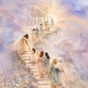 Può includere: Dipinto ad acquerello raffigurante figure che salgono una scala verso una casa nel cielo. L'immagine utilizza colori pastello tenui, con il testo "covenant cottage studio" in basso. La scena evoca un senso di pace e spiritualità.
