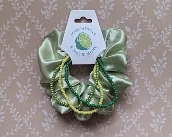 Margarita Bachelorette Party Favor, Green Scrunchie & Beaded Bracelet Set, Margaritas and Matrimony