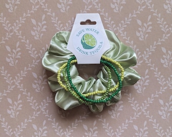 Margarita Bachelorette Party Favor, Green Scrunchie & Beaded Bracelet Set, Save Water Drink Tequila
