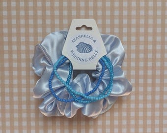 Coastal Bachelorette Party Favor, Light Blue Scrunchie and Beaded Bracelet Set, Seashells & Wedding Bells