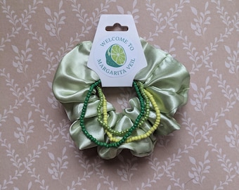Margarita Bachelorette Party Favor, Green Scrunchie & Beaded Bracelet Set, Welcome to Margarita Veil