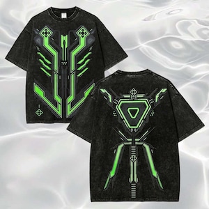 May include: A black acid-wash t-shirt featuring a neon green and dark gray geometric circuit-board pattern on the front and back. The front displays a vertical symmetrical design, while the back showcases a large central triangular motif.