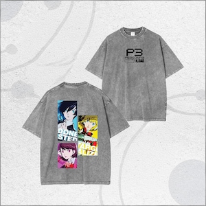 May include: Two grey t-shirts with graphic designs. One displays the text "P3 PERSONA3 RELOAD" in black. The other has four anime character images with the text "DONE STED" and "ARG ALIZE".