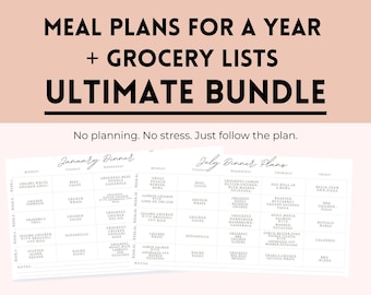 Meal Plans for a Year + Grocery Lists Bundle | Family Dinner Planning System | Busy Mom Organizer | Printable PDF
