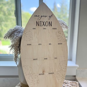 May include: A wooden surfboard-shaped milestone board with the text "one year of NIXON". It has spaces for each month, with decorative leaf cutouts. The board is light brown and sits on a woven surface.