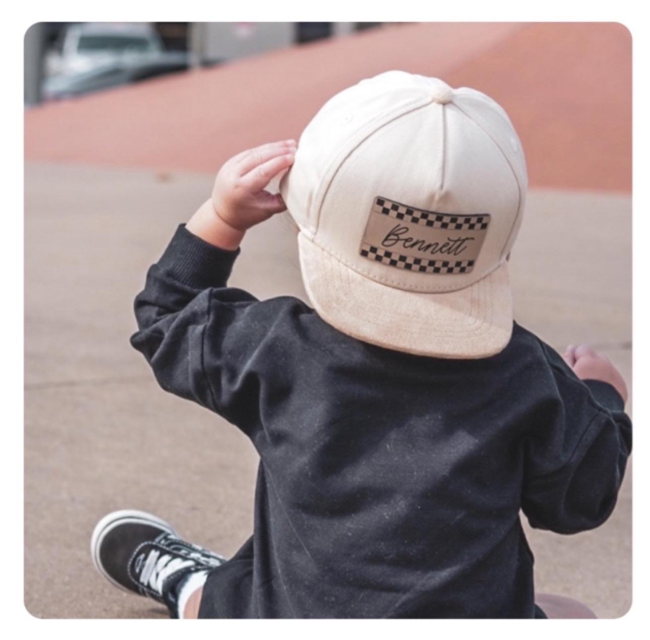 Checkered Leather Patch Hat, Personalized, Flat Bill, Custom Infant Toddler Kids Youth Snapback Hat, Child Cap, Birthday Gift Boy, Camo Hat