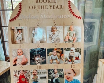 Rookie of the Year Birthday Photo Board, 1st Birthday Baseball Photo Collage, First Birthday 1-12 Month Picture Board, One Year Baby