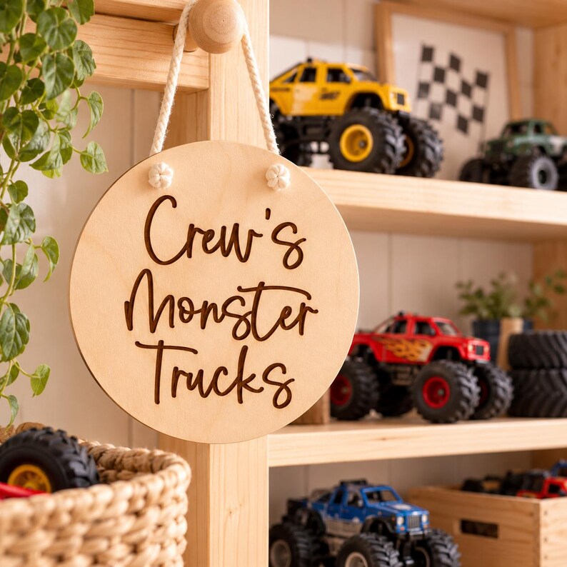 K&ouml;nnte beinhalten: Ein rundes, helles Holzschild, das an einem wei&szlig;en Seil h&auml;ngt und den dunkelbraun gravierten Text "Crew's Monster Trucks" in Schreibschrift zeigt. Das Schild ist kreisf&ouml;rmig und hat zwei kleine Knoten, die das Seil oben sichern.