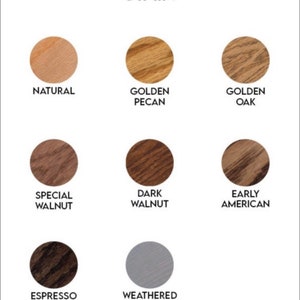 May include: A chart showing different wood stain colors. The colors are: Natural, Golden Pecan, Golden Oak, Special Walnut, Dark Walnut, Early American, Espresso, and Weathered Gray.