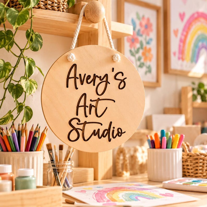 K&ouml;nnte beinhalten: Ein rundes, helles Holzschild, das an einem wei&szlig;en Seil h&auml;ngt und den schwarzen, lasergeschnittenen Schriftzug Avery's Art Studio tr&auml;gt. Das Schild befindet sich in einem Kreativbereich mit Buntstiften, Pinseln und einer Regenbogenzeichnung.