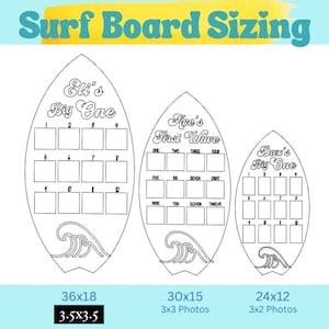 May include: Three black and white outline surfboard shapes with numbered squares for photos. The surfboards are labeled "Eli's Big One", "Ace's First Wave", and "Dax's Big One". The surfboards are 36x18 inches, 30x15 inches, and 24x12 inches.