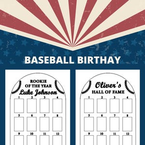 以下が含まれることがあります： 野球をテーマにした印刷可能な誕生日サインで、写真ボードが2つ付いています。左側のボードのタイトルは「Rookie of the Year」、右側のボードのタイトルは「Oliver's Hall of Fame」です。両方のボードには、財布サイズのフォト用のスペースが12個あります。サインのサイズは17インチ&times;12インチです。