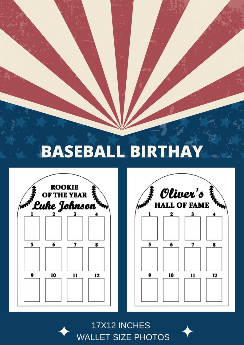 以下が含まれることがあります： 野球をテーマにした印刷可能な誕生日サインで、写真ボードが2つ付いています。左側のボードのタイトルは「Rookie of the Year」、右側のボードのタイトルは「Oliver's Hall of Fame」です。両方のボードには、財布サイズのフォト用のスペースが12個あります。サインのサイズは17インチ&times;12インチです。