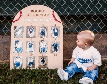 personalized rookie of the year first birthday photo display board, custom one year of baby board, milestone photo board, baseball cake