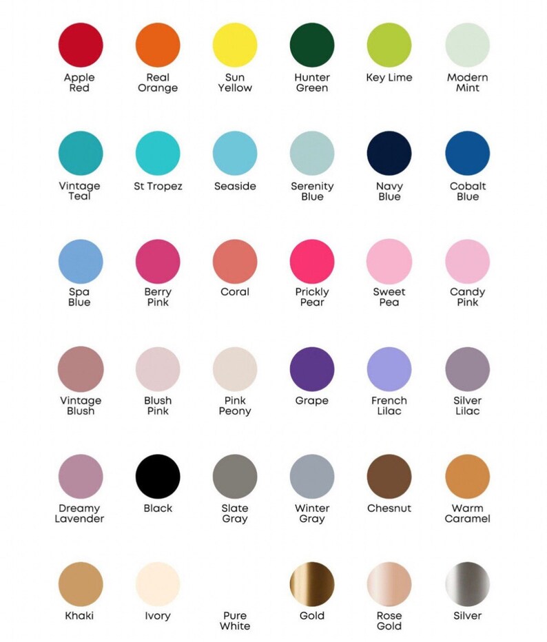 May include: A chart of 36 different color swatches with their corresponding names. The colors are arranged in a grid pattern, with each color having a white circle around it. The colors include shades of red, orange, yellow, green, blue, pink, purple, gray, brown, white, black, and gold.