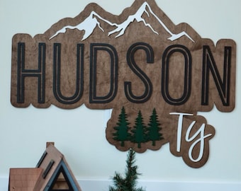 Woodland Theme Custom Name Sign Mountain Sign Round Personalized  Gift Nursery Name Sign Wall Decor PNW Wall Sign