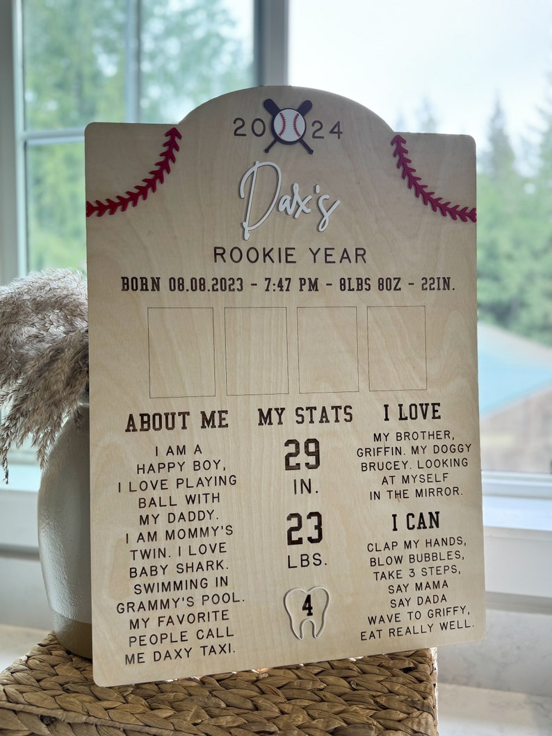 May include: A wooden sign with a baseball theme, announcing a baby's birth. The sign is decorated with red stitching and a baseball graphic. It includes the baby's name, birth date, time, weight, and length. The sign also features a section about the baby's personality and a section about the baby's milestones.