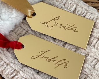 Personalized Mirrored Gold Stocking Tag: Custom Christmas Ornament