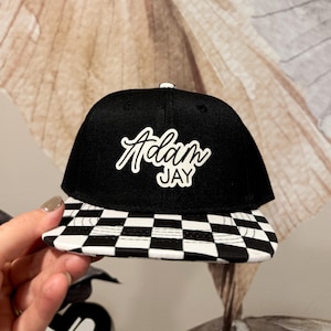 Personalized Checkered Leather Patch Hat: Custom Cursive Name Snapback