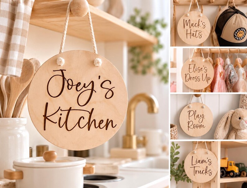 K&ouml;nnte beinhalten: Ein rundes, helles Holzschild mit einer wei&szlig;en Kordel zum Aufh&auml;ngen und dunkelbrauner Schrift. Das Schild zeigt verschiedene personalisierte Namen und Beschriftungen wie Joey's Kitchen, Mack's Hats, Elise's Dress Up, Play Room und Liam's Trucks.