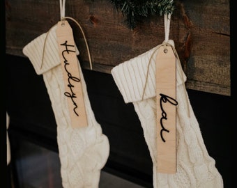 Personalized Wooden Christmas Stocking Tags: Modern Farmhouse Ornament