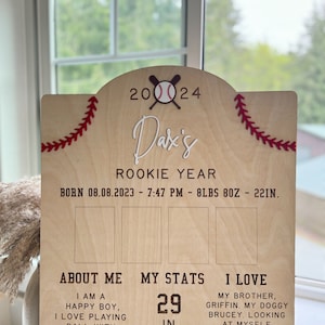 May include: A wooden sign with a baseball theme, celebrating a baby's first year. The sign features the baby's name, "Dax's", and the date of birth, "08.08.2023". It also includes the baby's stats, such as height, weight, and other milestones.