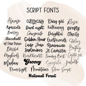 May include: A list of script fonts in black text on a white background. The fonts are arranged in columns and include names like "Always", "Cheesecake", "Daisy Girl", "Rose", "Apricots", "Dark Night", "Hathaway", "Firefly", "Barley", "Cowgirls", "Delightful", "Clarity", "Baseball", "Golden Hour", "Girlfriends", "Stirling", "bf Dark Brown", "Lady Jean", "Riverside", "Brittany", "Blissful", "September", "It Camilla", "Crystal girl", "Maybirds", "Kindheart", "Sunday Best", "Juliette", "Madina", "Groovy", "Sangrita", "Moonlight", "Mountains", "Silver Script", and "National Forest".