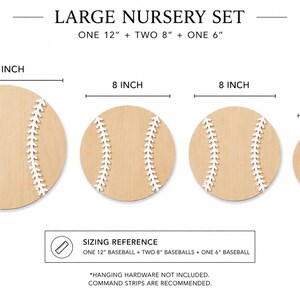 May include: A large nursery set of four circular wooden baseball wall decorations. The set includes one 12-inch baseball, two 8-inch baseballs, and one 6-inch baseball. Each piece features a light wood finish with white raised baseball stitching.