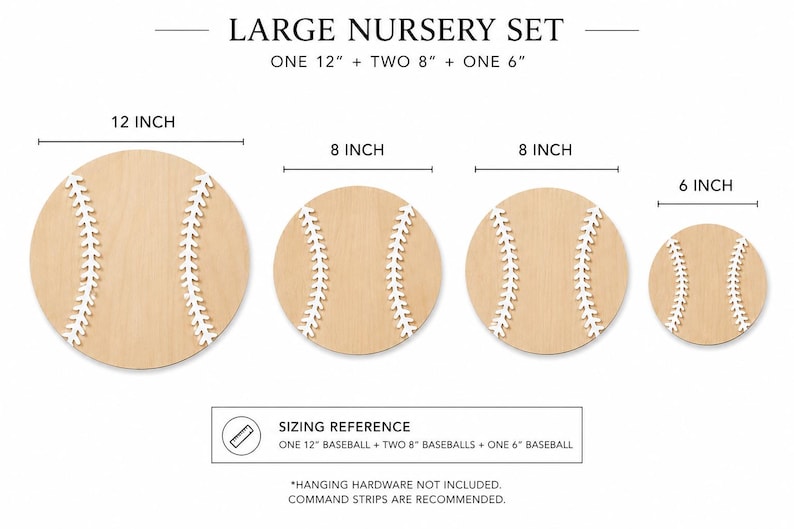 May include: A large nursery set of four circular wooden baseball wall decorations. The set includes one 12-inch baseball, two 8-inch baseballs, and one 6-inch baseball. Each piece features a light wood finish with white raised baseball stitching.