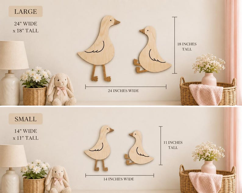 May include: Two light-colored wooden duck wall decorations featuring a standing duck and a sitting duck. The large set measures 24 inches wide by 18 inches tall. The small set measures 14 inches wide by 11 inches tall. The ducks have simple black line details.