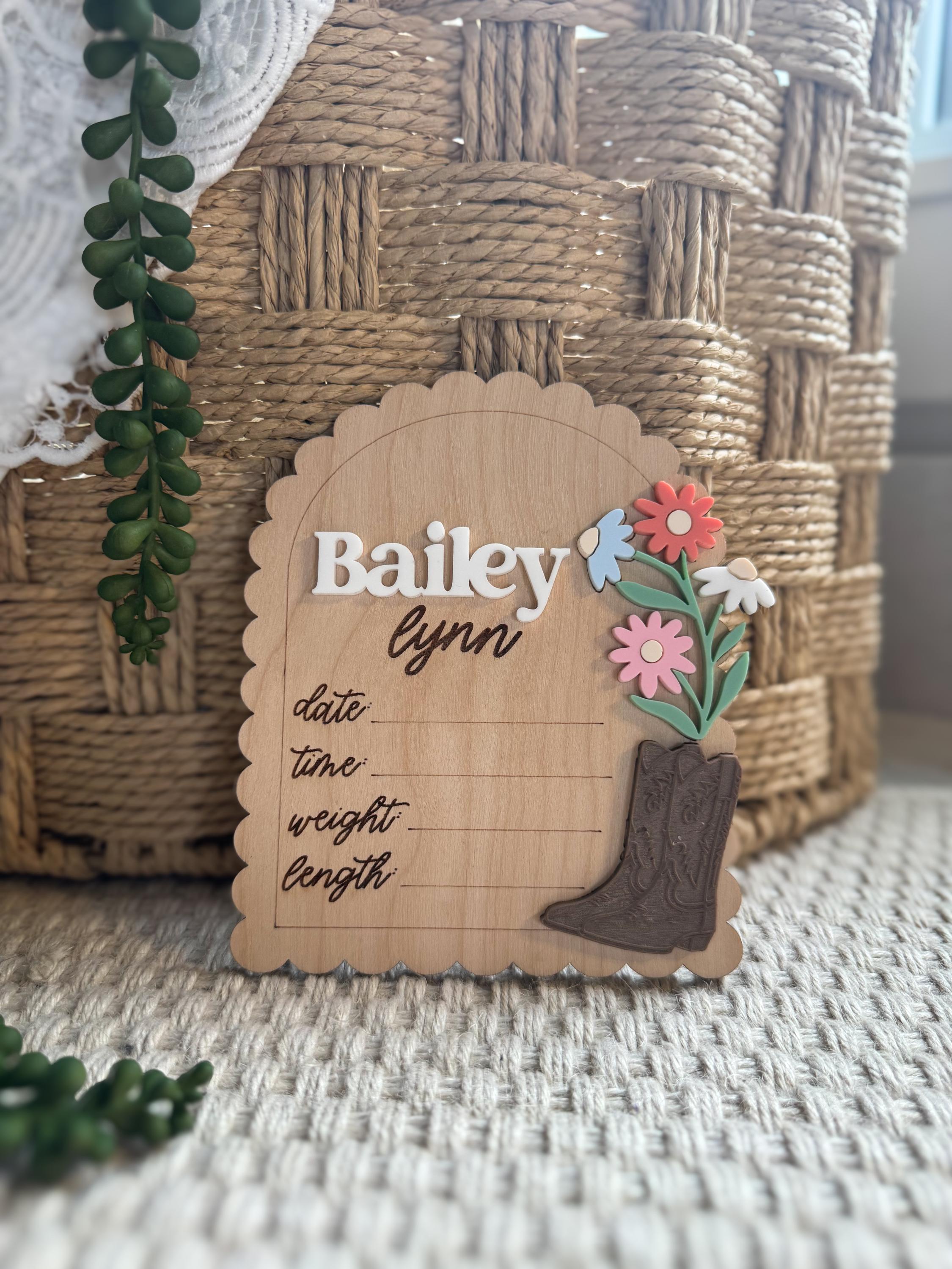 Scalloped Cowgirl Boots Baby Girl Announcement Sign – Floral Newborn Photo Prop – Rustic Western Baby Arrival Sign, Fresh 48, Hospital sign