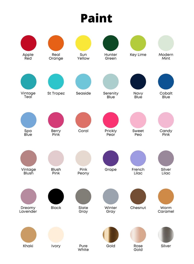 May include: A chart of paint colors with names for each color. The colors are arranged in rows and columns. The colors include red, orange, yellow, green, blue, pink, purple, gray, brown, white, black, and gold.
