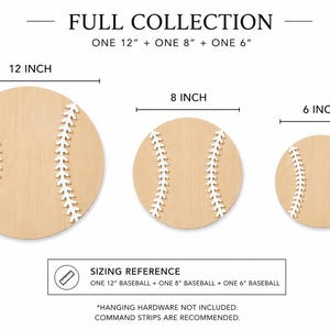 May include: A collection of three circular wooden baseball cutouts with white stitched detailing. The set includes one 12 inch, one 8 inch, and one 6 inch baseball. Text indicates full collection sizing reference and that hanging hardware is not included.