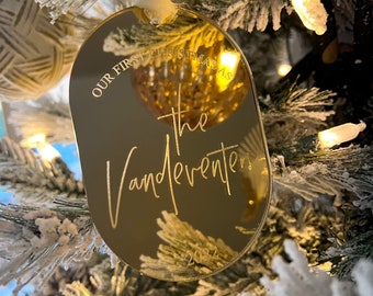 Personalized Acrylic First Christmas Married Ornament: Gold or Silver