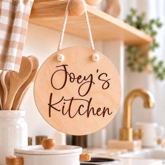 Personalized Wooden Hanging Sign, Custom Play Kitchen Sign, Kids Pretend Play Shop Sign