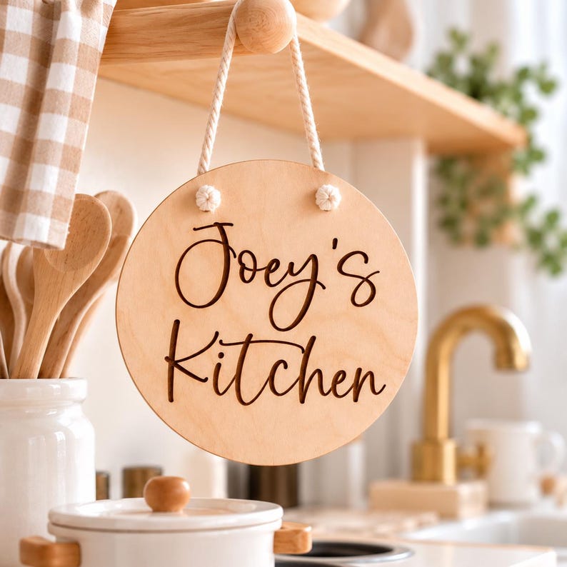 K&ouml;nnte beinhalten: Ein rundes, helles Holzschild, das an einem wei&szlig;en Seil h&auml;ngt. Das Schild tr&auml;gt den eingravierten Text "Joey's Kitchen" in einer dunklen Schreibschrift. Das Holz hat eine glatte, nat&uuml;rliche Oberfl&auml;che mit sichtbarer Maserung.