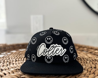 Smiley Personalized SnapBack Hats For Children, Kids Birthday Gift, Birthday Gift Idea, Check Hat, One Happy Dude, Toddler Custom Hat,