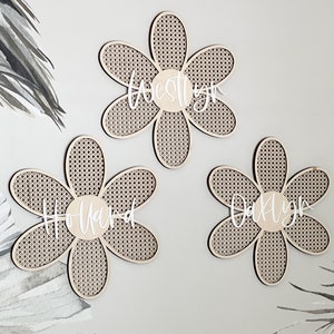 Boho rattan daisy wall decor, Rattan daisy nursery decor, Daisy birth announcement, Daisy party Decor