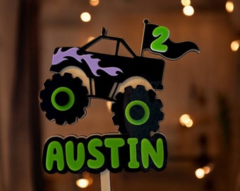 Personalized Monster Truck Cake Topper: Maple Wood Birthday Party Decor