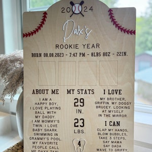 May include: A wooden sign with a baseball theme, celebrating a baby's first year. The sign features the baby's name, "Dax's", and details about their birth, including the date, time, weight, and length. It also includes a section about the baby's personality, stats, and favorite things.