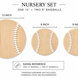 May include: A nursery set featuring three circular wooden baseball wall decorations. The set includes one 12-inch baseball and two 8-inch baseballs, each with a light wood finish and white raised stitching details. Text labels indicate the sizes.