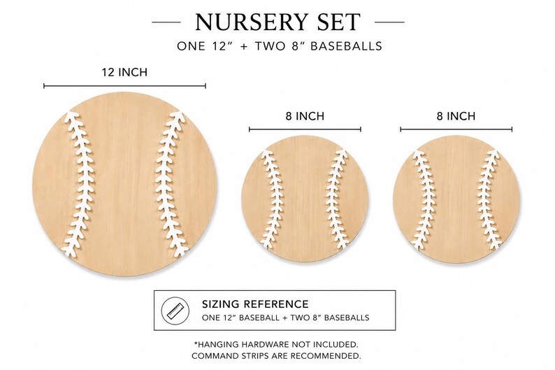 May include: A nursery set featuring three circular wooden baseball wall decorations. The set includes one 12-inch baseball and two 8-inch baseballs, each with a light wood finish and white raised stitching details. Text labels indicate the sizes.